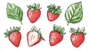 手绘草莓与绿叶插画素材