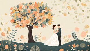 树下浪漫新婚夫妇