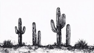 黑白手绘风沙漠仙人掌景观