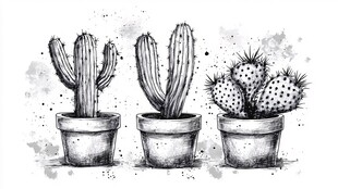 黑白手绘风三盆仙人掌