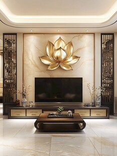 中式客厅 莲花装饰电视背景墙