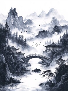 水墨山水间的古韵桥景