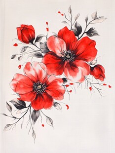 红花朵朵绽放水墨枝叶间