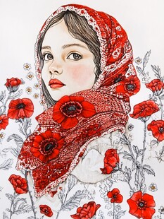 戴红头巾的花卉少女