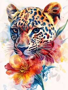豹与繁花的梦幻水彩绘