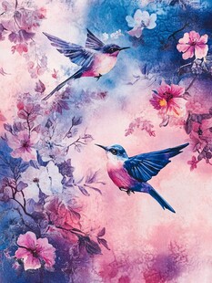 蜂鸟于繁花间飞舞图景