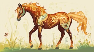 梦幻花纹骏马漫步草地