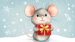 雪中小鼠捧礼盒贺佳节