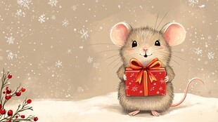 雪中小鼠捧礼盒贺佳节