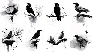 水墨风格栖息枝头的鸟类