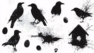 黑鸦剪影与抽象元素集合