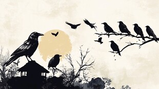 落日飞鸟下的静谧景致