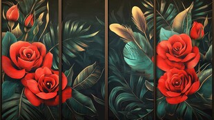 红玫瑰与绿叶装饰画