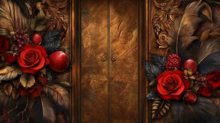 雕花铁门旁的红玫瑰装饰