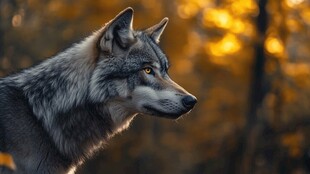 秋日森林中的孤傲灰狼