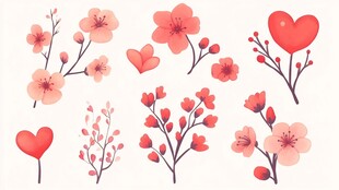 粉色花朵与爱心装饰元素
