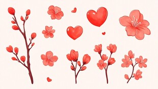 红色花朵与爱心元素集合