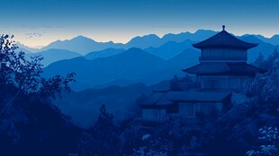 山间古建映于暮色蓝景