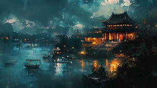 水墨夜景中的古韵楼阁