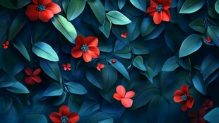 深红花朵与绿叶梦幻背景