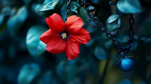 红花朵挂于铁链的独特景致