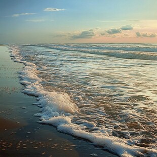 夕阳下的海浪轻拍沙滩
