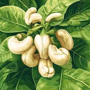 腰果长在枝叶间的画面