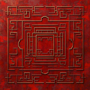 中式红底金色几何纹理图案