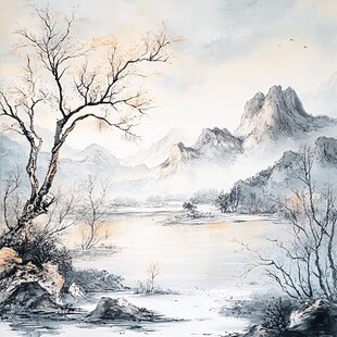 水墨山水 枯树寒江远山峰