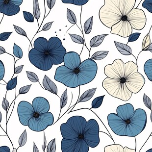 蓝白花卉简约无缝图案