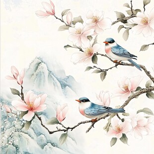 玉兰枝头双鸟图