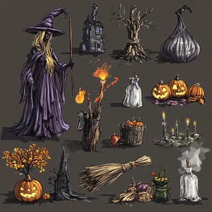 万圣节奇幻元素插画集合