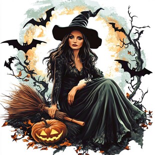 女巫坐扫帚旁的万圣景象