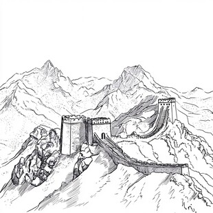手绘长城雄踞山峦之景