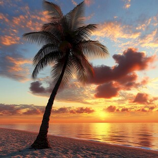 夕阳下的沙滩与孤独椰子树