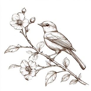 枝头小鸟与绽放花朵