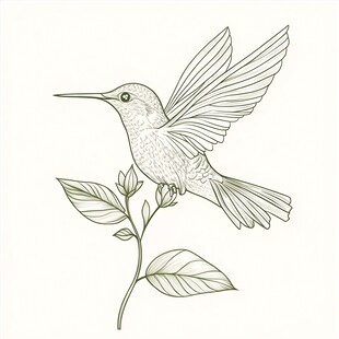 手绘蜂鸟立于枝叶间