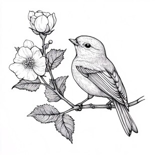 小鸟栖花枝黑白插画