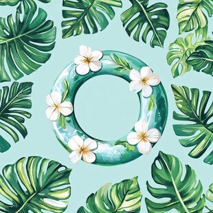 夏日泳池浮圈与绿植图案