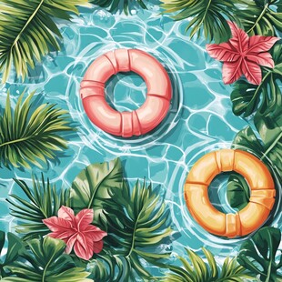 夏日泳池中的多彩浮圈