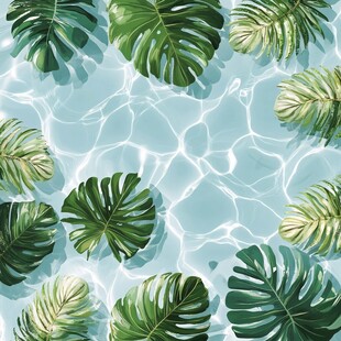 泳池中的热带龟背竹叶