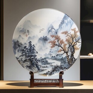 中式山水艺术瓷盘摆件