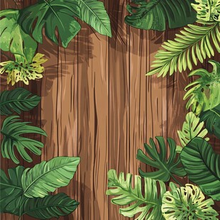 木质背景上的热带植物边框