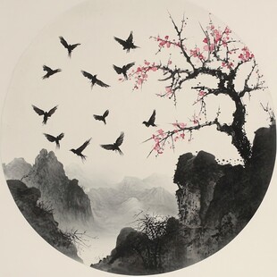 墨韵红梅飞鸟山水图