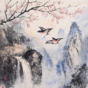 春景山水间双燕飞舞图