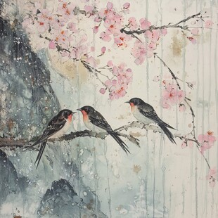 春日双燕栖于繁花枝头