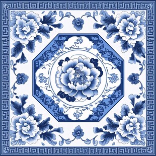 青花瓷牡丹图案方形纹饰