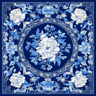中式蓝白花卉方巾图案设计