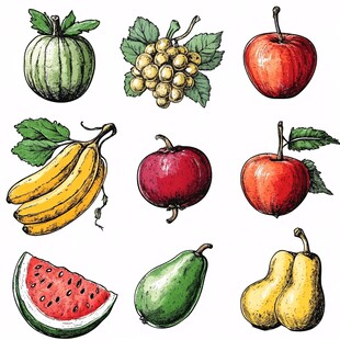 手绘多彩水果集合