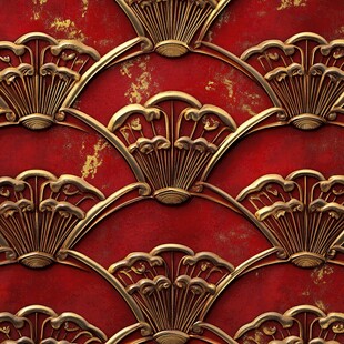 中式红底金色扇形纹理图案